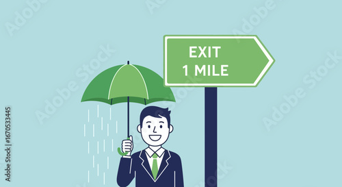 Smiling Executive Protected By Umbrella Sees Exit Sign Near Destination
