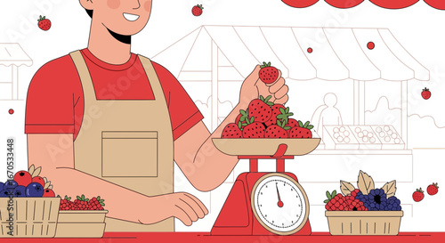 Smiling Farmer Weighing Strawberries At The Local Summer Market Illustration