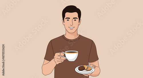 Smiling Man Enjoying Coffee And Cookies In A Relaxed Morning Scene