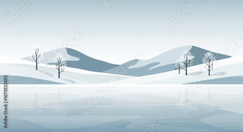 Serene Winter Landscape With Frozen Lake And Distant Mountain Peaks