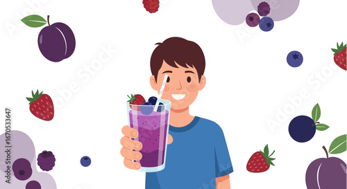Smiling Man Holding Delicious Berry Smoothie With Fresh Fruits Around Him
