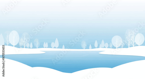 Serene Winter Landscape With Frozen Lake And Minimalist Trees Graphics