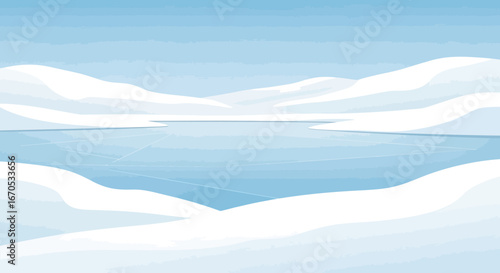 Serene Winter Landscape With Frozen Lake And Rolling Snow Covered Hills