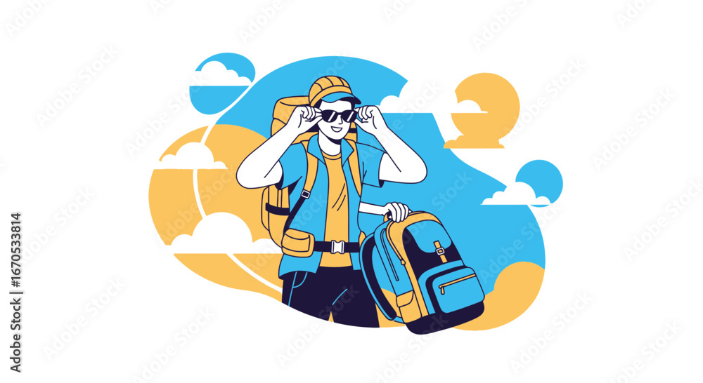 Obraz premium Smiling Traveler Adjusting Sunglasses Ready For Adventure Outdoors Illustration