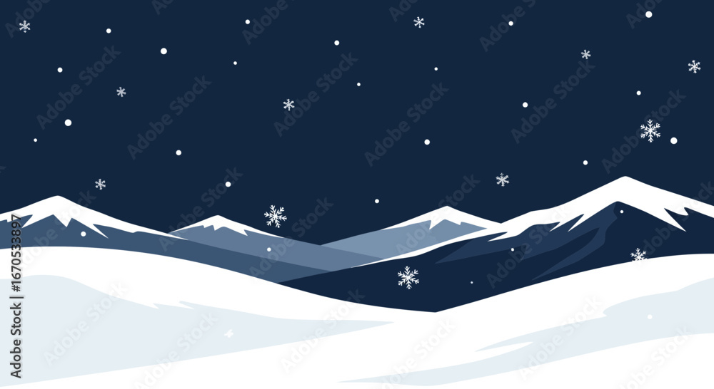Fototapeta premium Serene Winter Mountain Landscape with Snowflakes Falling at Night Scenery