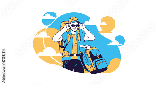 Smiling Traveler Adjusting Sunglasses Ready For Adventure Outdoors Illustration