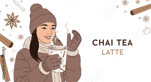 Smiling Woman Enjoying Warm Chai Latte In Winter With Cinnamon Decorations