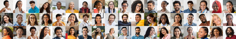 Fototapeta premium A vibrant collage displays a diverse collection of happy people from various backgrounds. Each portrait reflects unique stories, showcasing friendship, joy, and connection in everyday life.