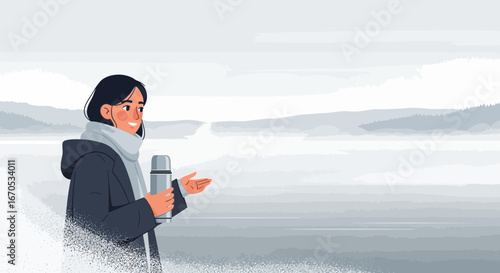 Smiling Woman Presenting a Tranquil Mountain Landscape While Holding a Thermos