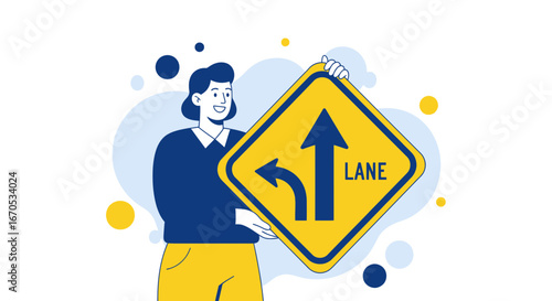Smiling Woman Presents Lane Direction Sign With Forward And Left Options