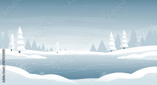 Serene Winter Wonderland Flat Vector Landscape with Frozen Lake and Snowy Pines