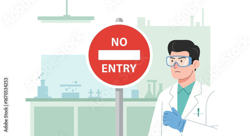 Serious Scientist Protecting Lab Area With A No Entry Safety Warning Sign