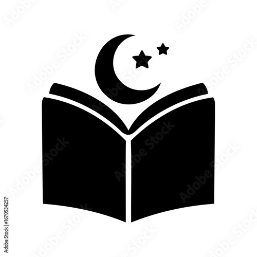 Open book with crescent moon and stars, symbolic of knowledge, Islam