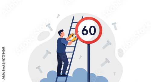 Setting Speed Limit Sign Sixty With Worker on Ladder Vector Illustration