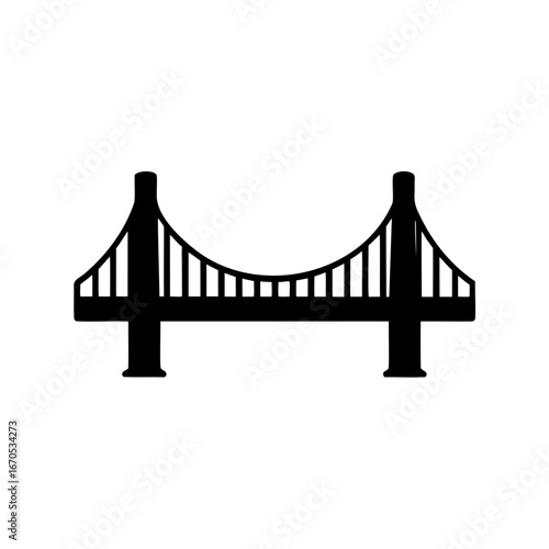Black silhouette illustration of a symmetrical suspension bridge on a white background
