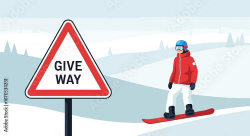 Snowboarder Approaches Give Way Sign On Snowy Mountain Slope Illustration