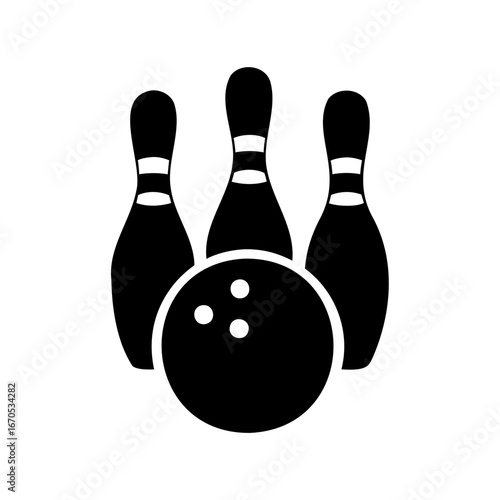 Bowling strike with three pins and ball in black silhouette design