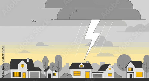 Severe Weather Over Residential Area Flat Design Style Illustration Minimalist