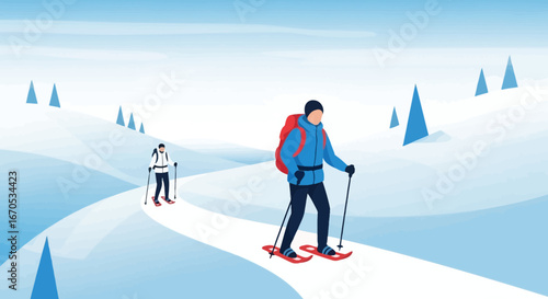 Snowshoeing Adventure Through Pristine Wilderness Landscape With Mountain Scenery
