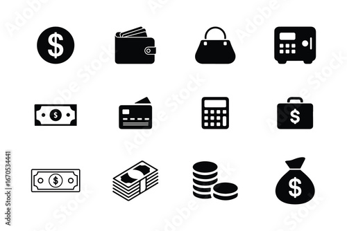 Finance and Money Icons Set, Wallet Cash Coin Credit Card Banking Vector