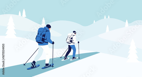 Snowshoeing Adventure Through Winter Landscape With Friends On Snowy Day