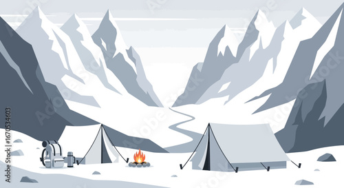 Snowy Mountain Camping Adventure: A Serene Escape in the Wilderness Landscape