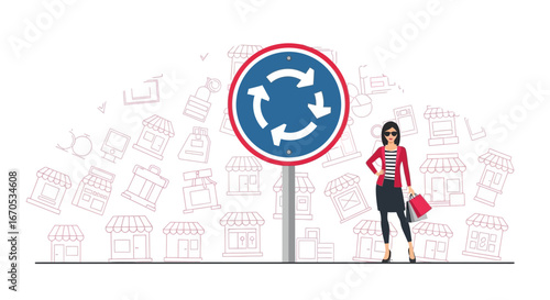 Shopping Spree Roundabout: Woman Enjoys Retail Therapy Amidst Diverse Storefronts