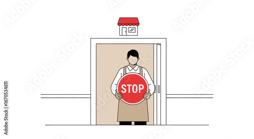 Shopkeeper Holding A Stop Sign In Front Of His Store Entrance Door