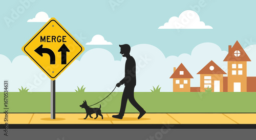 Sidewalk Stroll With Pet, Navigating The Merge Point In A Quaint Neighborhood