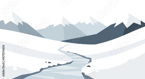 Snowy Mountain Landscape With a Winding River Through a Minimalist Environment