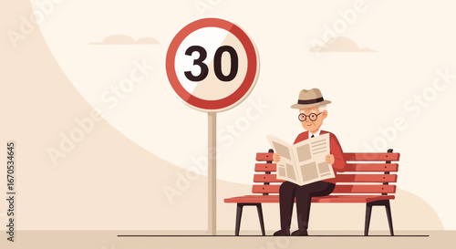 Siesta Time Elderly Man Relaxing Reading Paper on Bench Under Thirty Sign