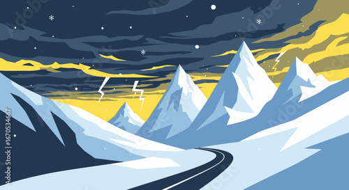 Snowy Mountain Range Road With Lightning Strikes During A Winter Storm