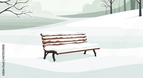 Snowy Park Bench During Winter Season With Trees And Hills In The Background