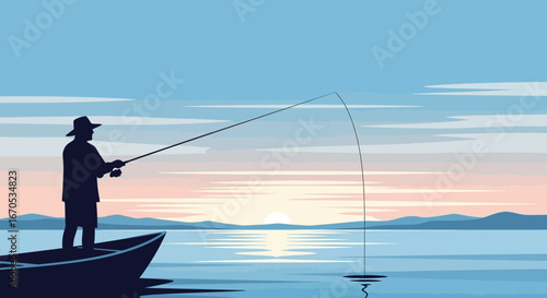 Silhouette Fisherman Angling at Sunset on Serene Lake in Boat Vector Art
