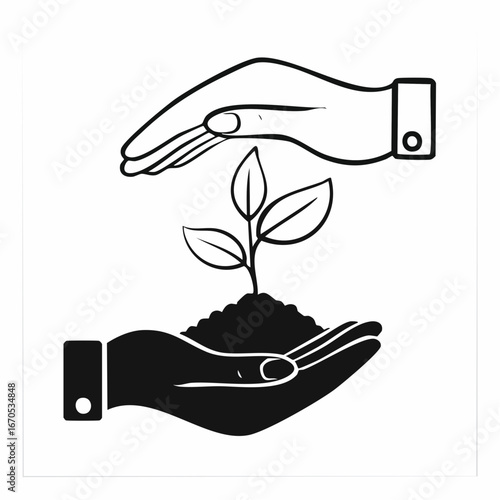 Protecting Growth: A symbolic representation of environmental care, a delicate sprout rests in one hand while another provides a sheltering embrace.