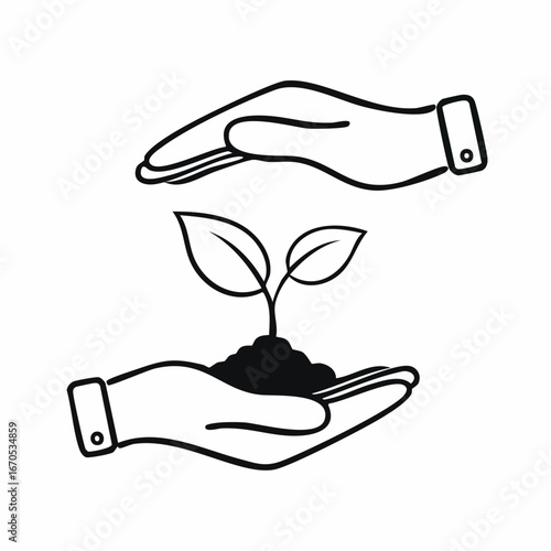 Nurturing Growth: A Symbolic Illustration of Hands Protecting a Delicate Seedling, Representing Environmental Responsibility and Care.
