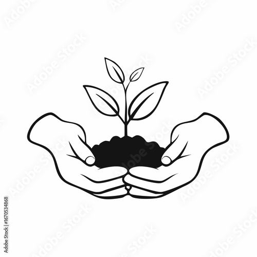 Nurturing New Life: Tender hands cradle a growing seedling in rich soil, symbolizing the delicate care and nurturing required for growth and renewal. 