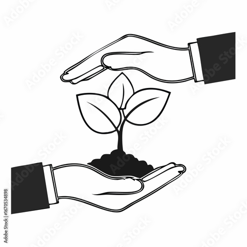 Nurturing Growth:  Illustrative depiction of hands cradling a sapling, symbolizing care, sustainability, and the delicate balance of nature.