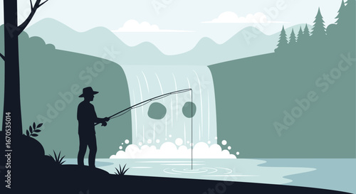Silhouette Fisherman Casting Rod Against Serene Waterfall Backdrop And Lush Nature