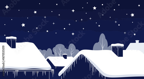 Snowy Rooftops Under A Starry Sky In A Peaceful Winter Night Scene