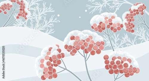 Snowy Rowan Berries In A Quiet Winter Landscape Illustration Art