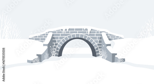 Snowy Stone Bridge In Winter Landscape With Icicles And Cold Weather