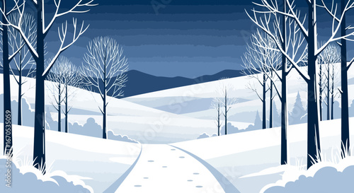 Snowy Valley Landscape Illustration With Bare Trees And A Mountain View