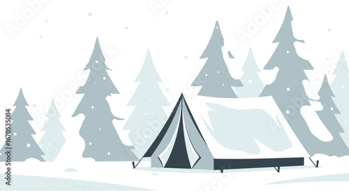 Snowy Winter Camping Adventure In The Forest With Tent And Pine Trees