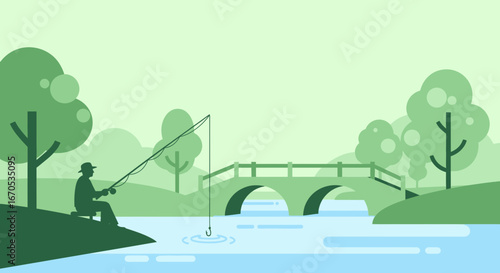 Silhouette Fisherman Enjoying Leisure Activity By The Riverside In The Green Landscape