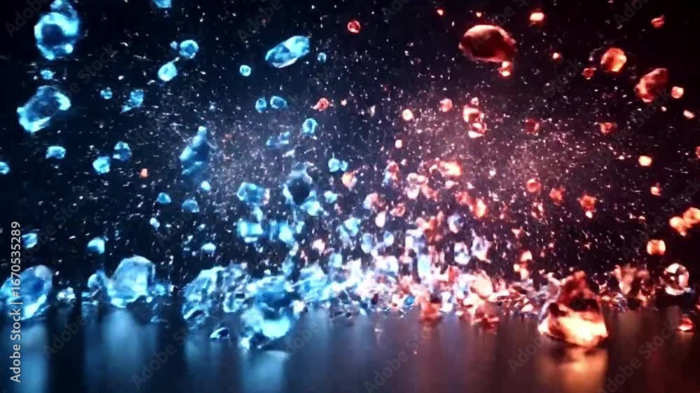 Crystals Exploding Two glowing crystal orbs—electric blue and fiery red—collide at high ...