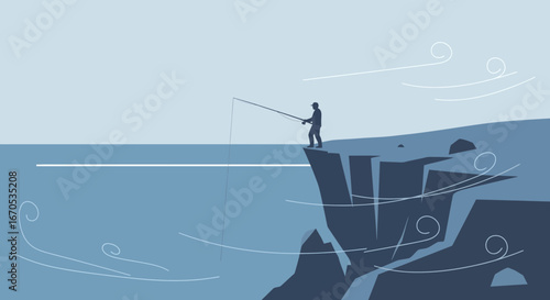 Silhouette Fisherman Standing On The Edge Of Cliff Fishing In Windy Weather