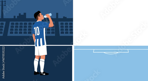 Soccer Player Hydration Break Illustration Amid Stadium Backdrop And Empty Field