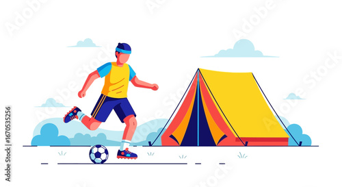 Soccer Practice At Camping Area With Yellow Tent Under Cloudy Sky