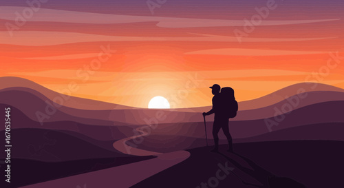 Silhouette Hiker Walking Toward the Sunset Over Colorful Mountain Landscape